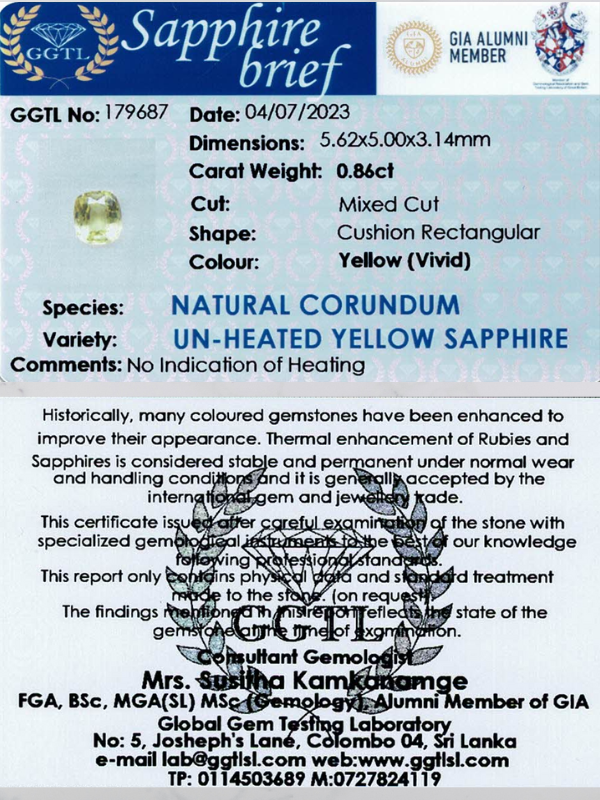 0.86 ct Rectangular Vivid Yellow Sapphire