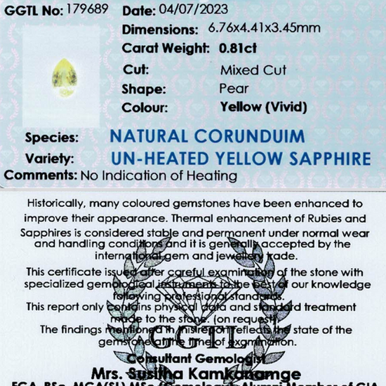 0.81 ct Pear Shaped Vivid Yellow Sapphire