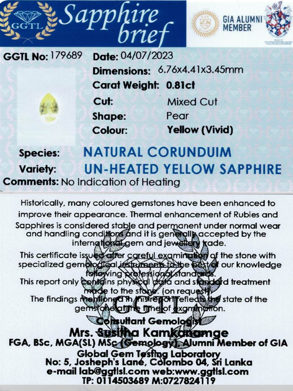 0.81ct Pear Shaped Vivid Yellow Sapphire