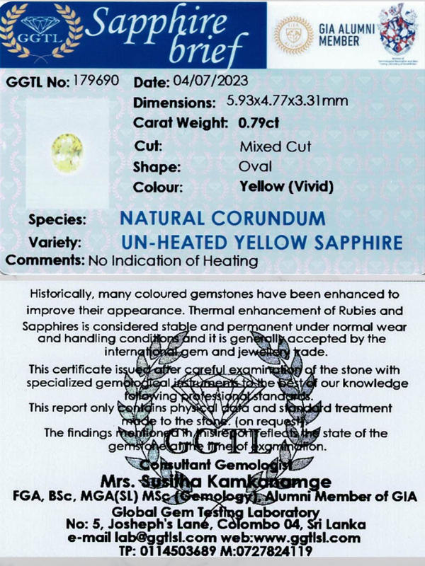 0.79 ct Mixed Oval Cut Yellow (Vivid) Unheated Yellow Sapphire Certified