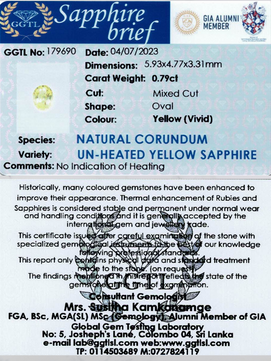 0.79 ct Mixed Oval Cut Yellow (Vivid) Unheated Yellow Sapphire Certified