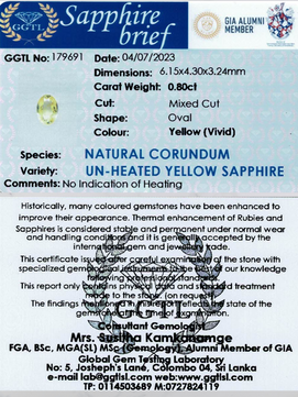 0.80 ct Mixed Oval Cut Yellow (Vivid) Unheated Yellow Sapphire Certified