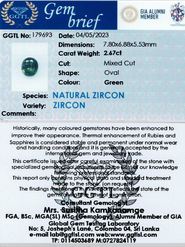 2.67 ct Oval Green Zircon