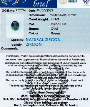 3.11 ct Oval Green Zircon