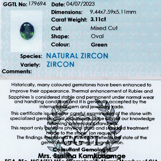 3.11 ct Oval Green Zircon