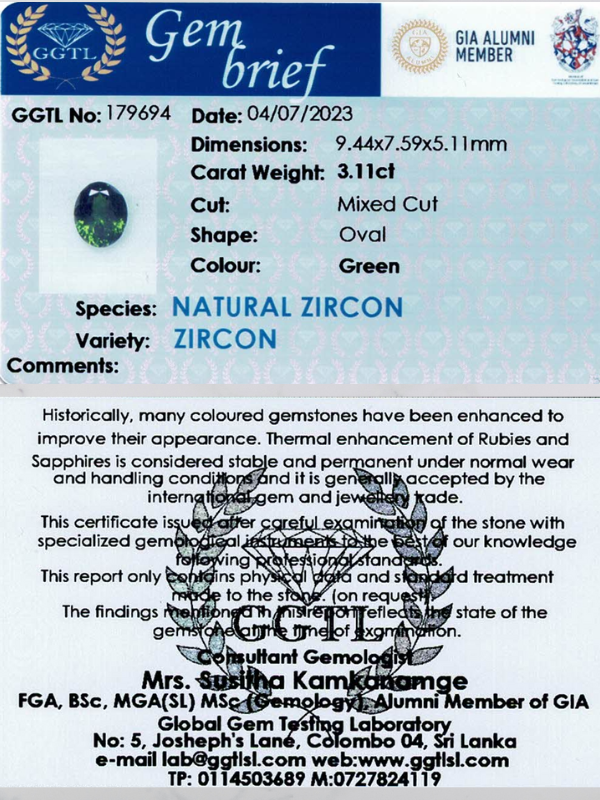 3.11 ct Oval Green Zircon