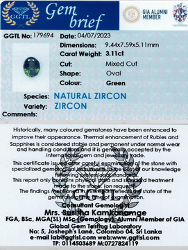 3.11 ct Oval Green Zircon