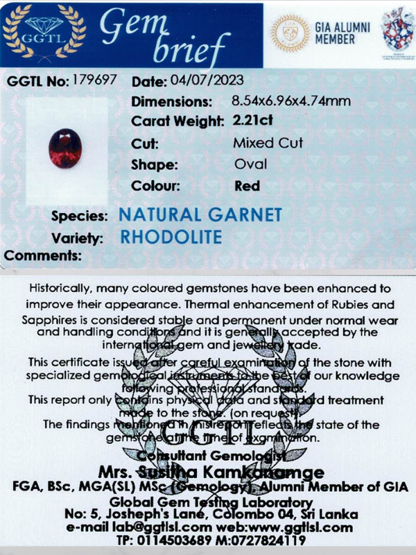 2.21ct Oval Red Rhodolite Garnet