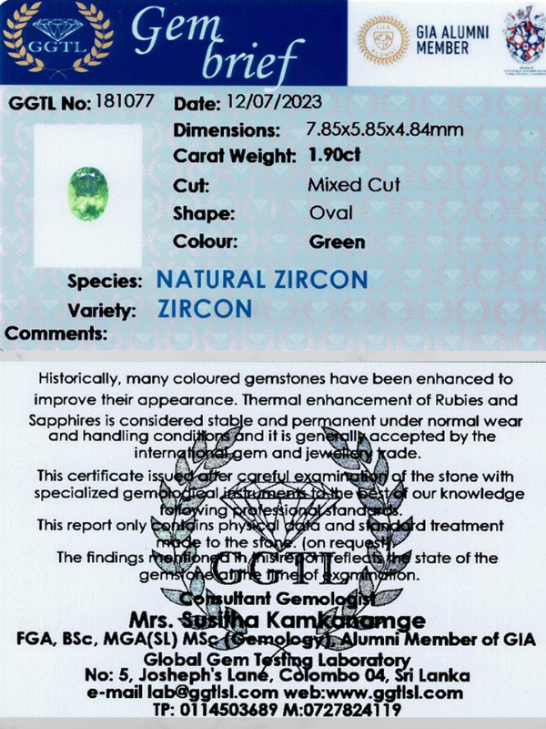 1.90 ct Oval Cut Green Zircon