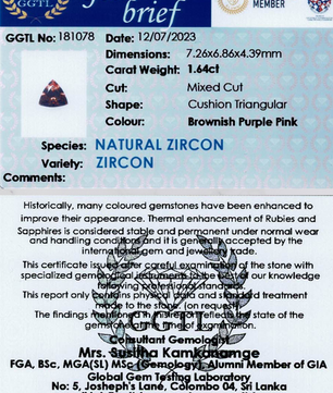 1.64 ct Triangular Brownish-Purple Pink Zircon