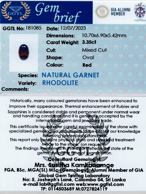3.35 ct Oval Red Rhodolite Garnet
