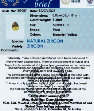 1.60 ct Pear Shaped Brownish-Yellow Zircon