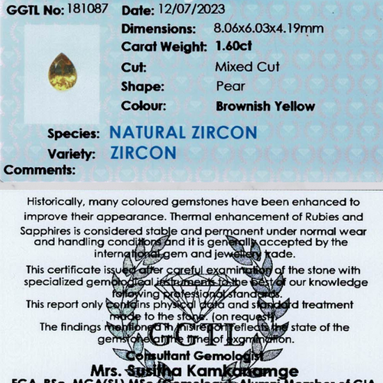 1.60 ct Pear Shaped Brownish-Yellow Zircon