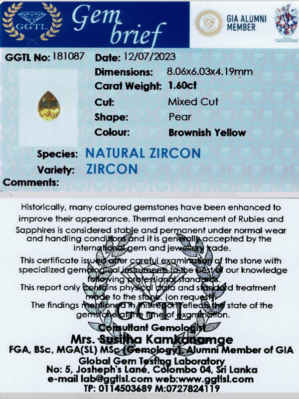 1.60 ct Pear Shaped Brownish-Yellow Zircon