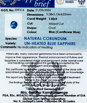 1.02 ct Oval Cornflower Blue Unheated Sapphire