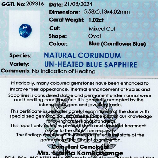1.02 ct Oval Cornflower Blue Unheated Sapphire