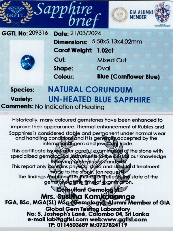 1.02 ct Oval Cornflower Blue Unheated Sapphire