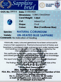 1.02 ct Oval Cornflower Blue Unheated Sapphire