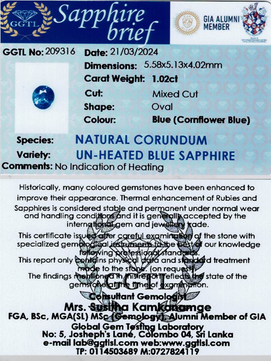 1.02 ct Oval Cornflower Blue Unheated Sapphire