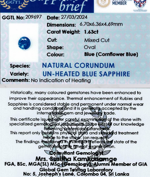 1.63 ct Oval Cornflower Blue Unheated Sapphire