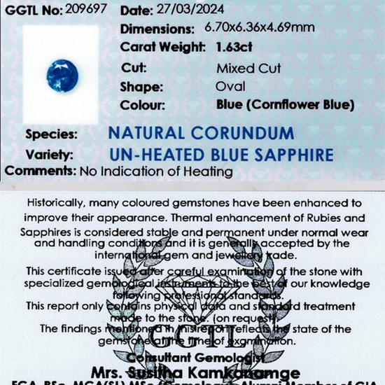 1.63 ct Oval Cornflower Blue Unheated Sapphire