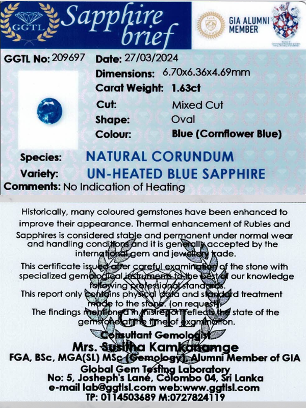 1.63 ct Oval Cornflower Blue Unheated Sapphire