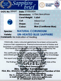 1.63 ct Oval Cornflower Blue Unheated Sapphire