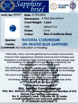 1.63 ct Oval Cornflower Blue Unheated Sapphire