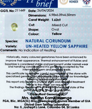 1.62 ct Oval Yellow Unheated Sapphire