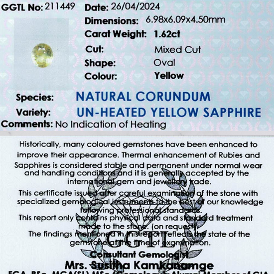 1.62 ct Oval Yellow Unheated Sapphire