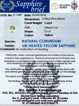 1.62 ct Oval Yellow Unheated Sapphire