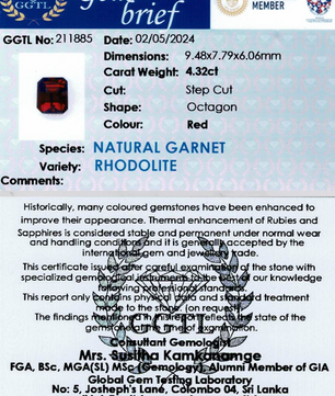 4.32 ct Octagon Red Rhodolite Garnet