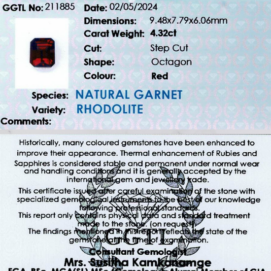 4.32 ct Octagon Red Rhodolite Garnet