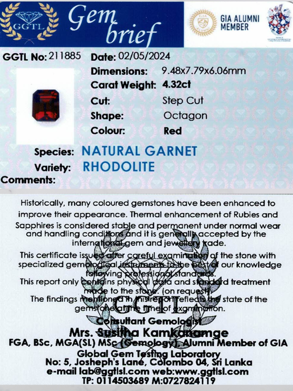 4.32 ct Octagon Red Rhodolite Garnet