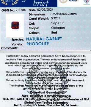 3.72 ct Octagonal Red Rhodolite Garnet