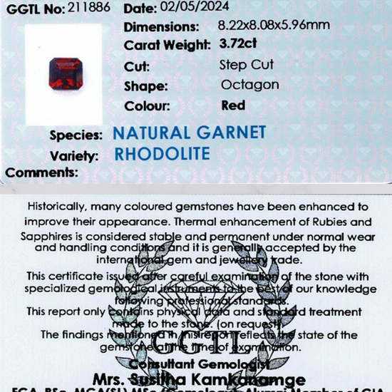 3.72 ct Octagonal Red Rhodolite Garnet