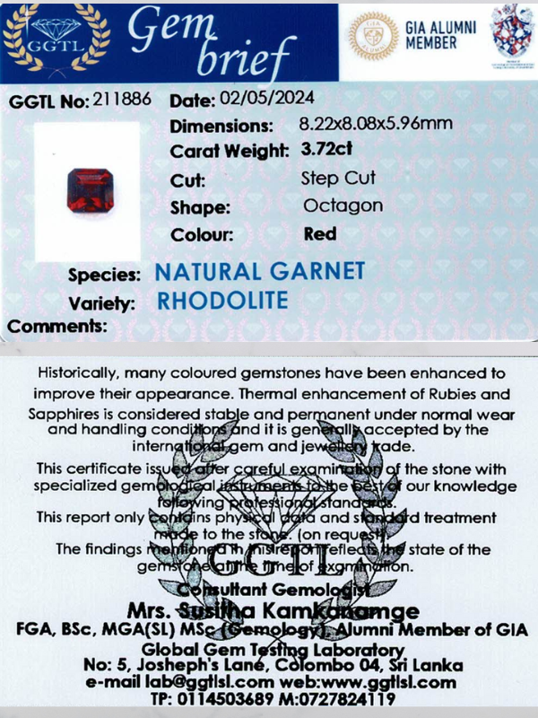 3.72 ct Octagonal Red Rhodolite Garnet