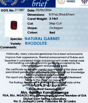 3.14 ct Octagonal Red Rhodolite Garnet