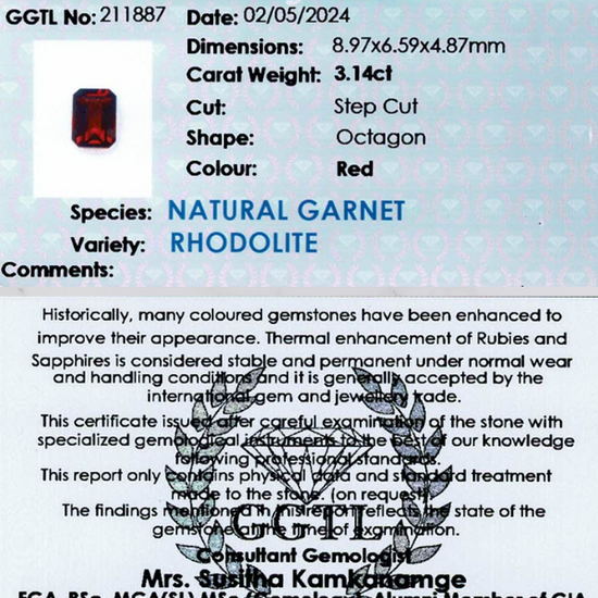 3.14 ct Octagonal Red Rhodolite Garnet