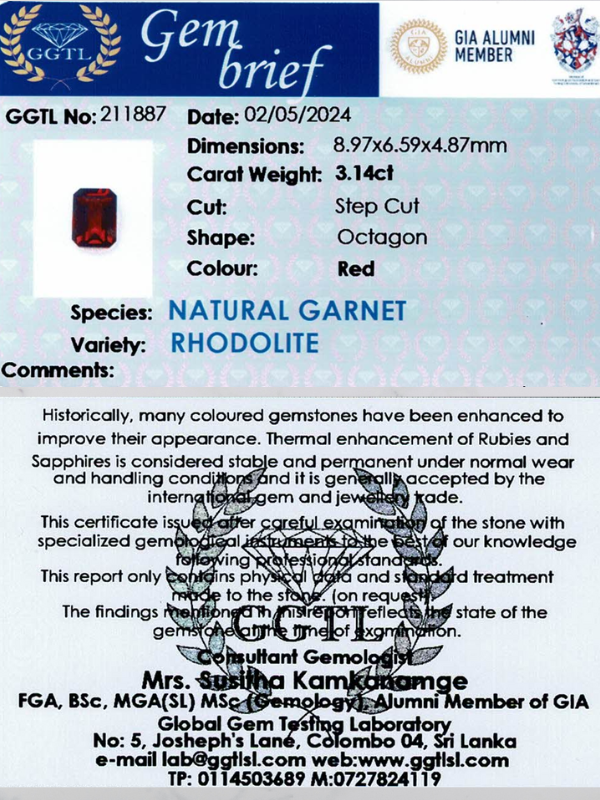 3.14 ct Octagonal Red Rhodolite Garnet