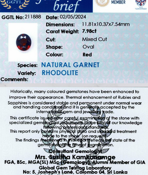 7.98 ct Oval Red Rhodolite Garnet