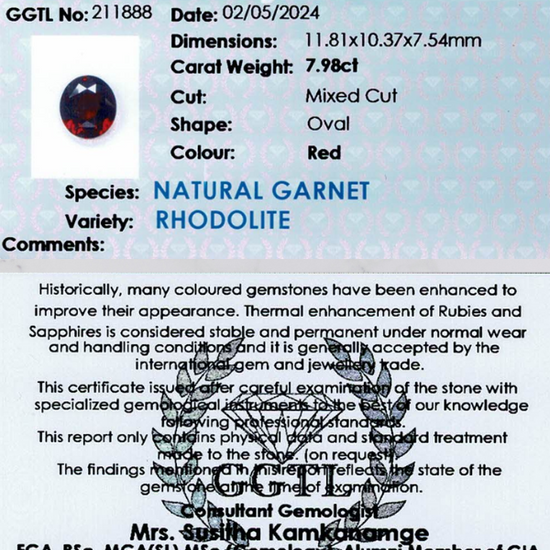 7.98 ct Oval Red Rhodolite Garnet
