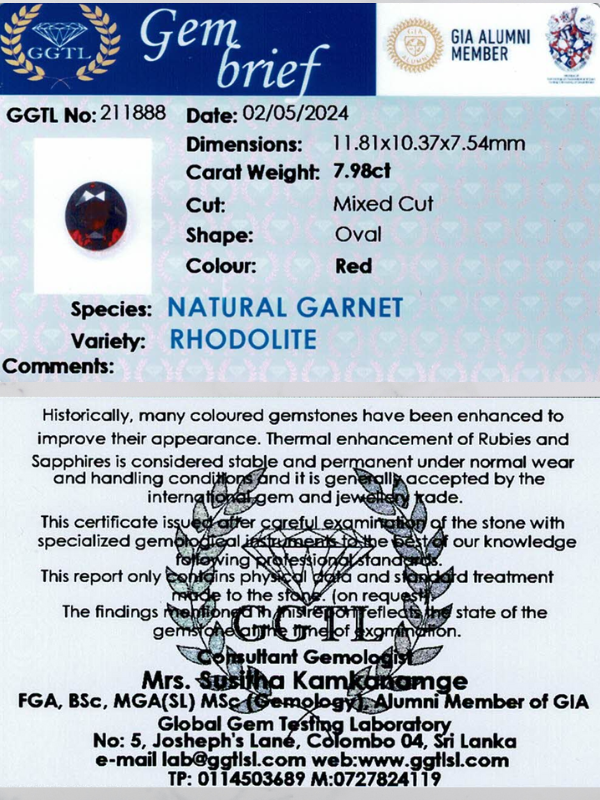 7.98 ct Oval Red Rhodolite Garnet