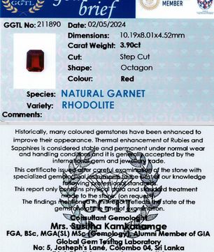 3.90 ct Octagonal Red Rhodolite Garnet