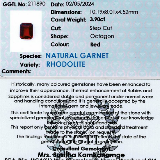 3.90 ct Octagonal Red Rhodolite Garnet