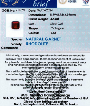 3.46 ct Octagonal Red Rhodolite Garnet