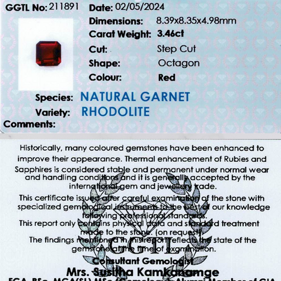 3.46 ct Octagonal Red Rhodolite Garnet