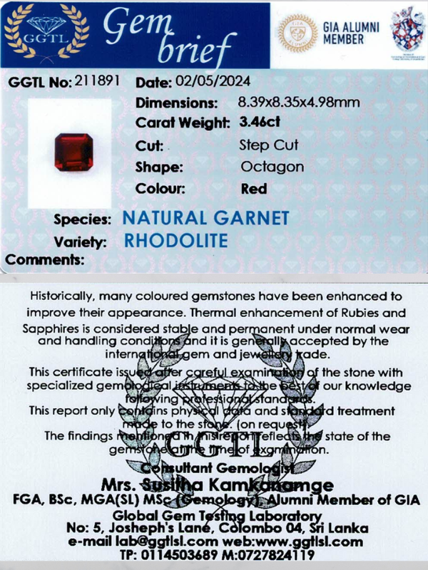 3.46 ct Octagonal Red Rhodolite Garnet