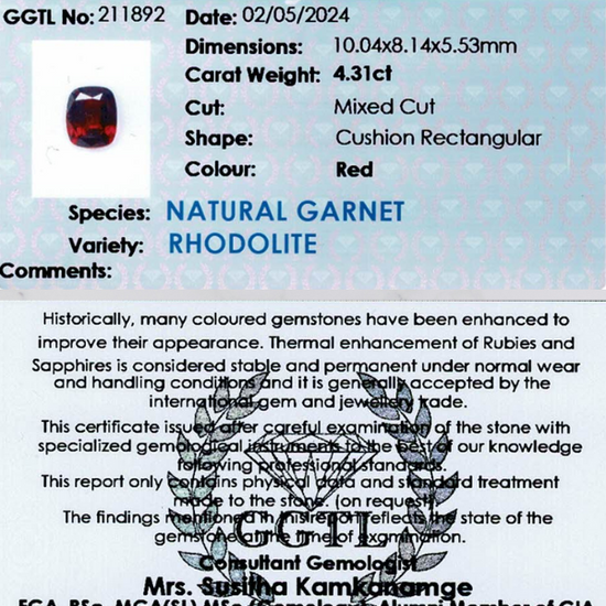 4.31 ct Rectangular Red Rhodolite Garnet