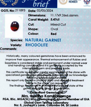 5.47 ct Oval Red Rhodolite Garnet